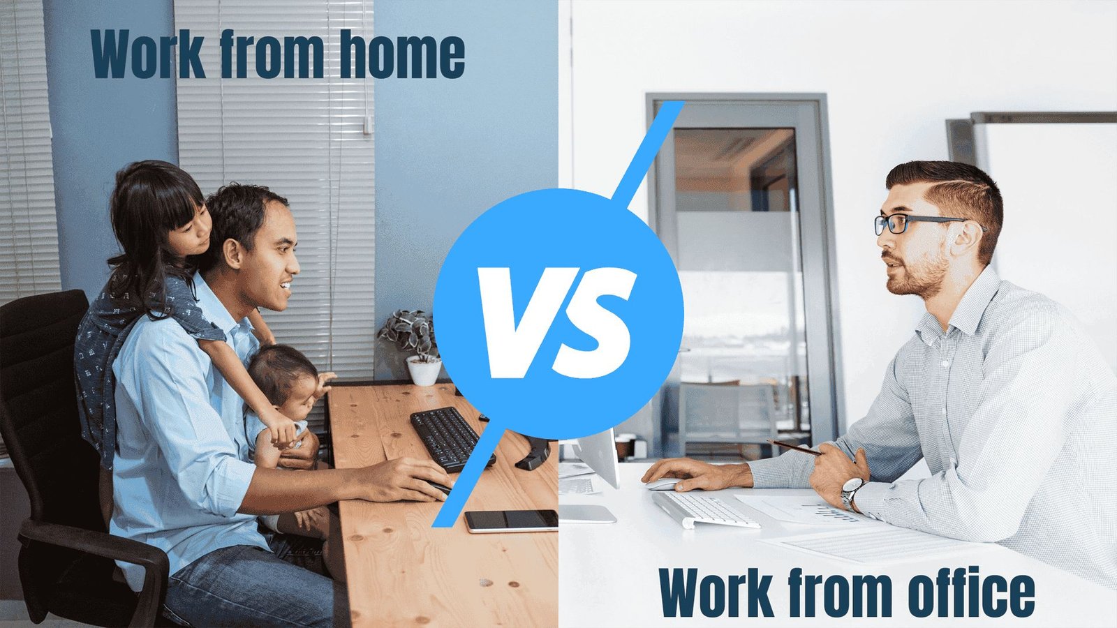 A Picture Crooped in the Middle with a Man and Two Kids Working From Home and another picture of a Man Working in a Traditional Office